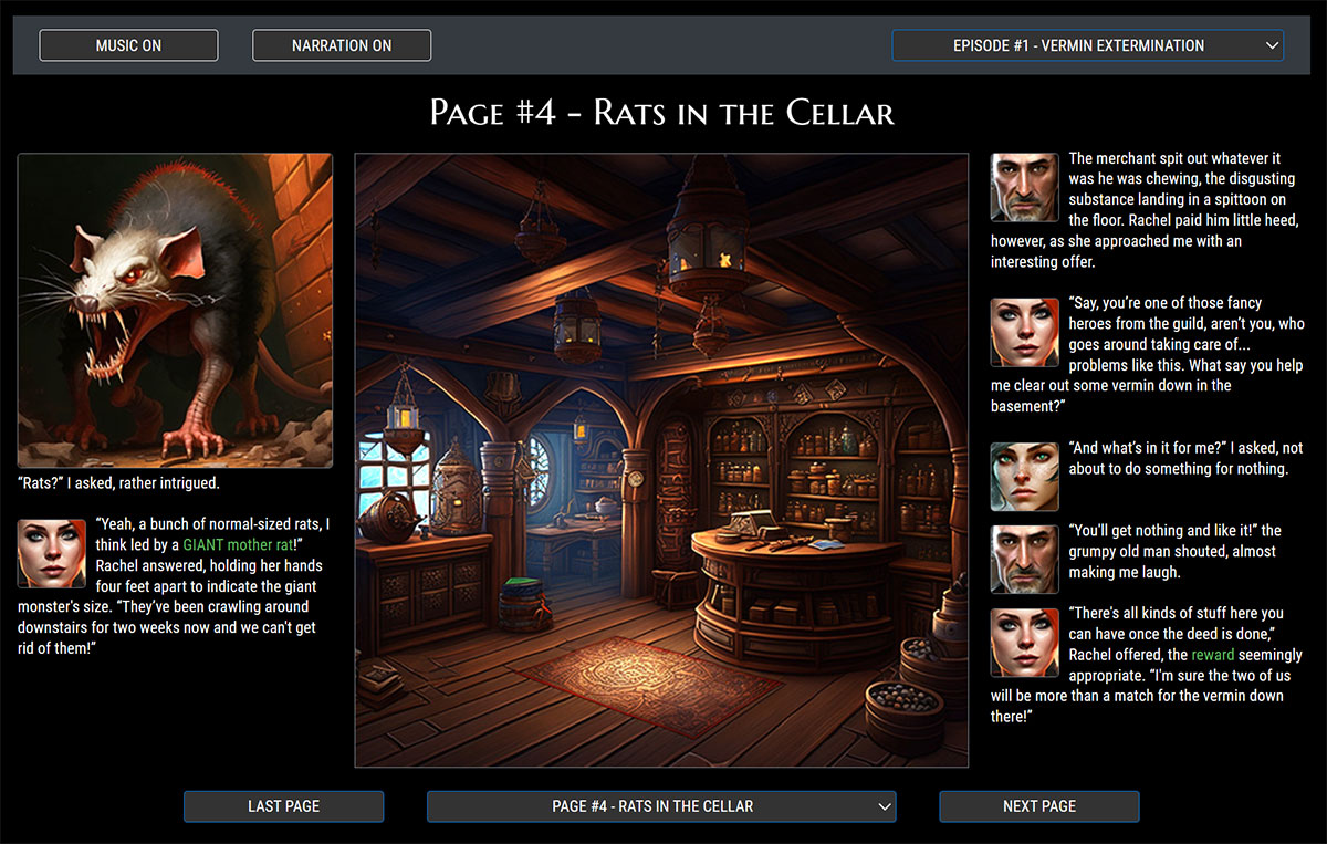 Screenshot of the BrowserQuests novel player interface